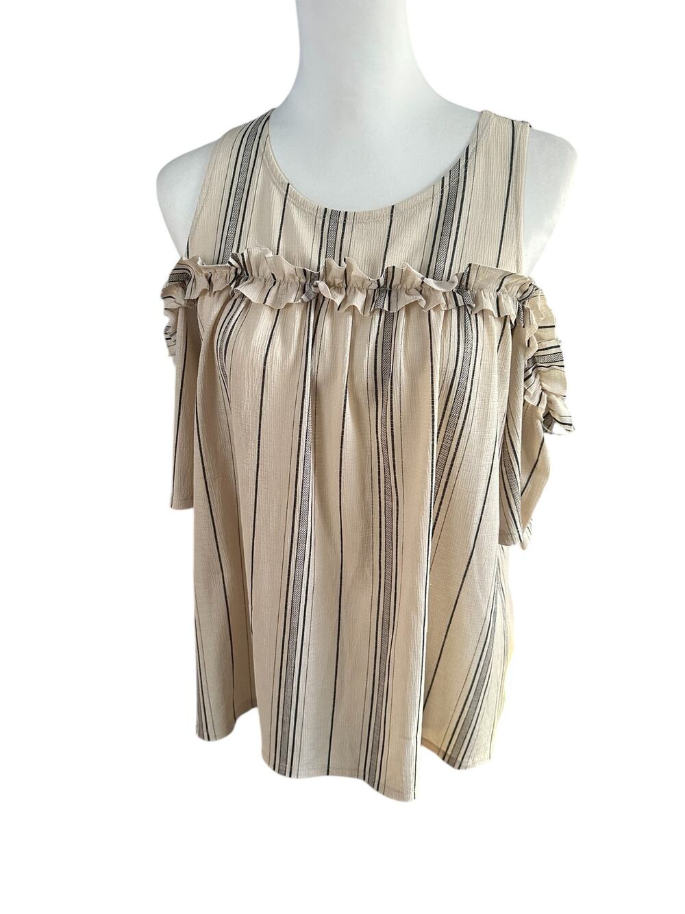 Lauren Conrad Off the Shoulder Blue and Cream Top Medium